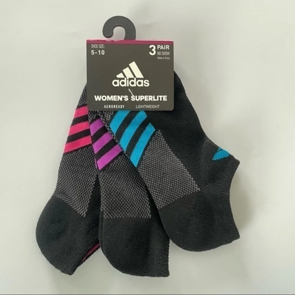 Adidas women’s no show socks black 3 pairs size 5-10 black blue pink purple